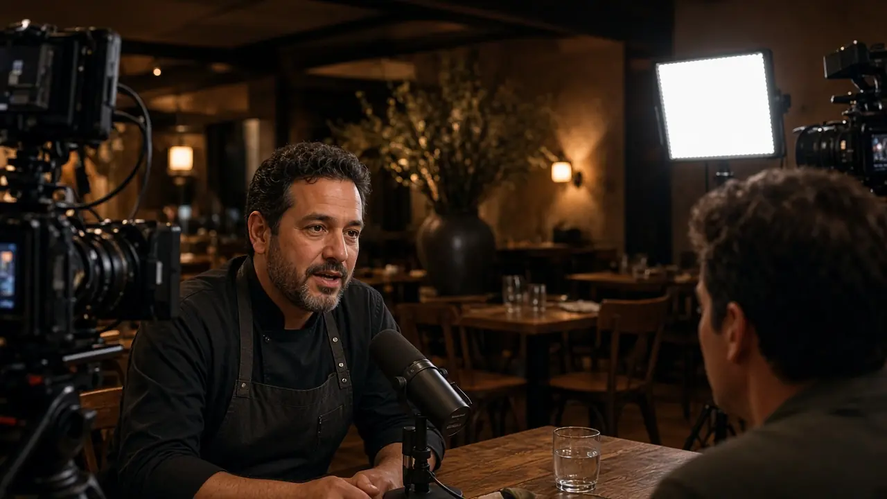 A chef at a podcast table, with cameras and a boom microphone