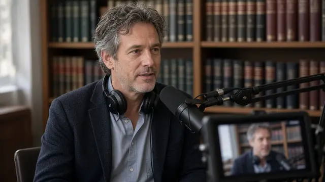 Two people recording a podcast at a desk