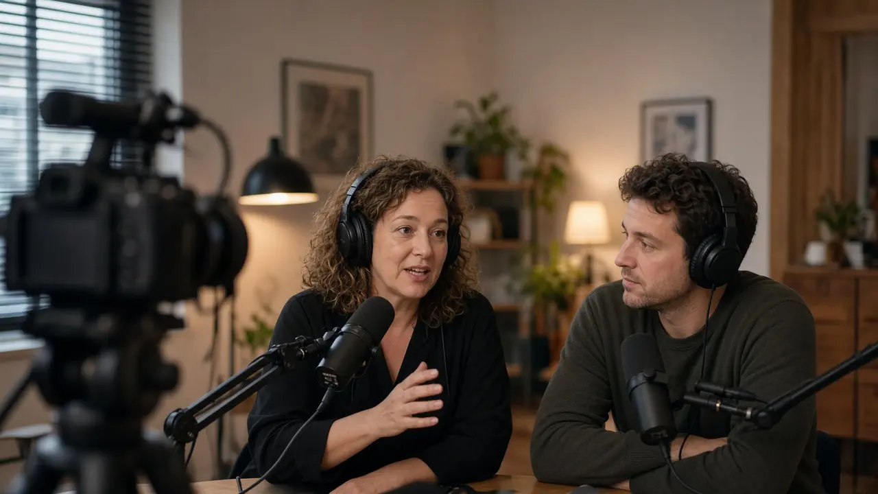 Two people recording a podcast in an office