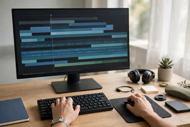 An editor cutting a video timeline at a bright desk