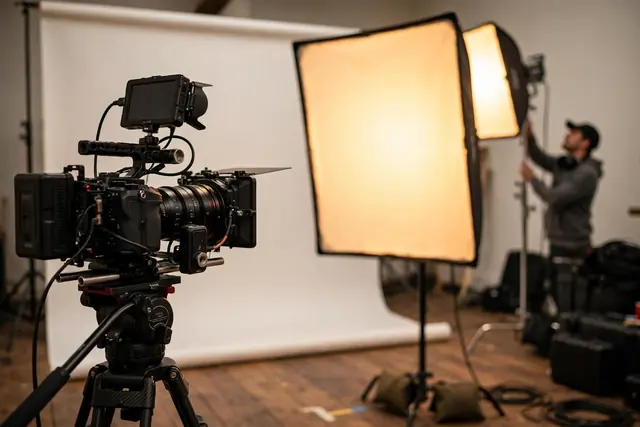A cinema camera and lights set up for a shoot